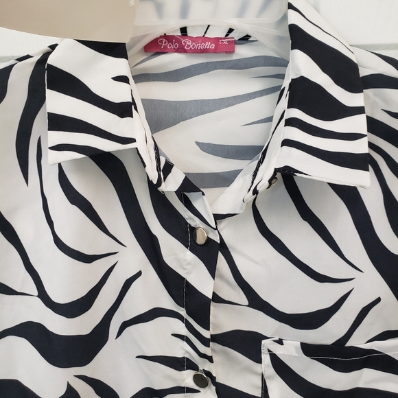 Polo Bonetta, NWT, white black zebra print long sleeve button down blouse, L/XL - Picture 4 of 11
